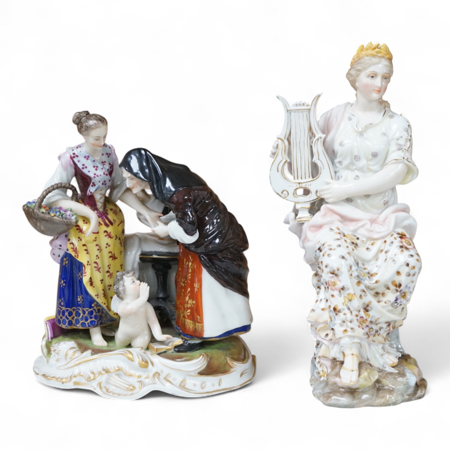 A Ludwigburg style group and a Volkstedt figure of a lyre player, 20cm high